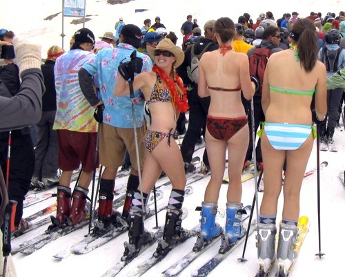 Rick Egan   |  The Salt Lake Tribune

Summer skiers Sara Shupe (left) Ann Clawson (center) and Sarah Cannon (right) dress for the warm weather at Snowbird, Monday, July, 4, 2011