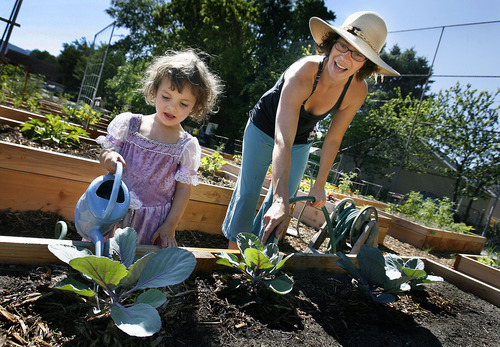 Scott Sommerdorf  |  The Salt Lake Tribune
Sugarhouse residents Tamerin Smith (right), and her daughter Isadora Mahon water their bed of cabbage, Saturday, July 2, 2011
Volunteers created the Sugar House Community Garden on top of the temporarily disused Fairmont Park Tennis Courts.