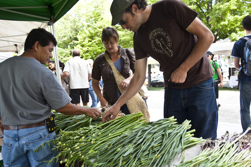 Chris Detrick  |  The Salt Lake Tribune 
Edible Wasatch's David Vogel and Rachel Hodson talk with David Chen of Zoe's Natural Garden as they shop at the Downtown Farmers Market at Pioneer Park on June 18.