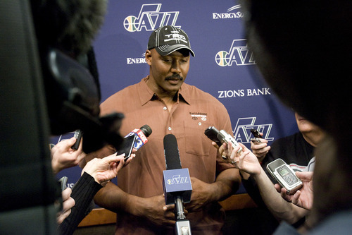 Jeremy Harmon  |  The Salt Lake Tribune

Karl Malone talks to reporters about Jerry Sloan's resignation before the Jazz game against the Phoenix Suns on Friday, Feb. 11, 2011.