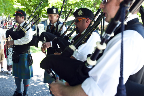 Chris Detrick | The Salt Lake Tribune 
Members of the Utah Pipe Band, of Sandy, practice during the Payson Scottish Festival and Highland Games on Saturday. The festival celebrates Scottish heritage and traditions.