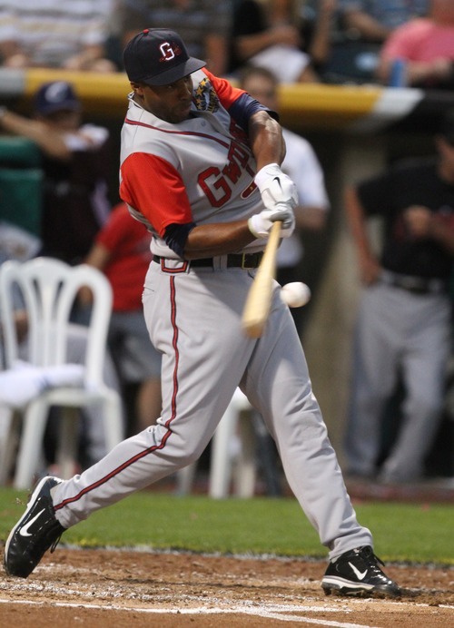 Rick Egan   |  The Salt Lake Tribune

 Stefan Gartrell of the Gwinnett Braves, won the 2011 Triple-A All-Star Home Run Derby, Monday, July 11, 2011.