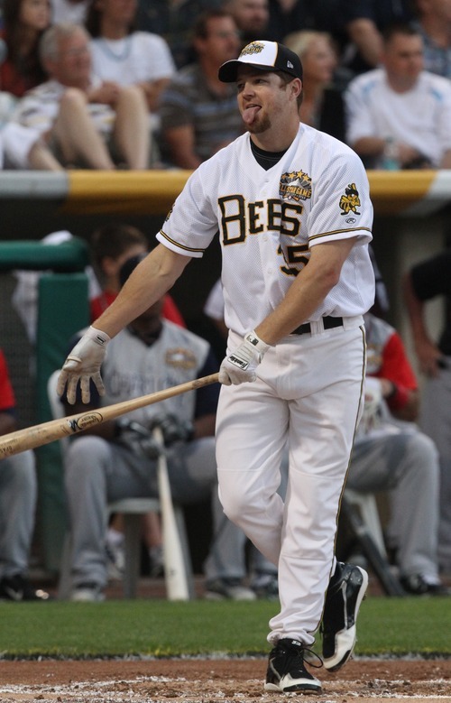 Rick Egan   |  The Salt Lake Tribune

Jeff Baisley, Salt Lake Bees, reacts as his hit  fails to clear the outfield fence as he competes in the 2011 Triple-A All-Star Home Run Derby, Monday, July 11, 2011.