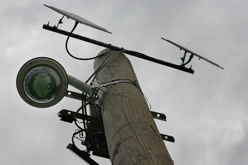 Scott Sommerdorf  |  The Salt Lake Tribune
Taylorsville has had cameras like this one in its parks since late 2008. Skateboarders at the Skatepark at 4800 S., Redwood Road skated under this camera, Friday, July 8, 2011