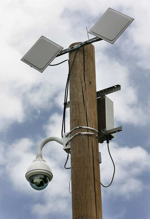 Scott Sommerdorf  |  The Salt Lake Tribune
Taylorsville has had cameras like this one in its parks since late 2008. This camera watches skateboarders at the Skatepark at 4800 S., Redwood Road, Friday, July 8, 2011