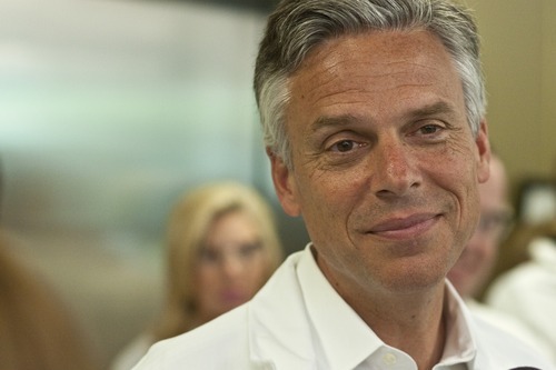 Chris Detrick  |  Tribune File Photo 
Presidential candidate and former Utah Gov. Jon Huntsman talks with members of the media during a tour of Nelson Laboratories in Taylorsville last Thursday.