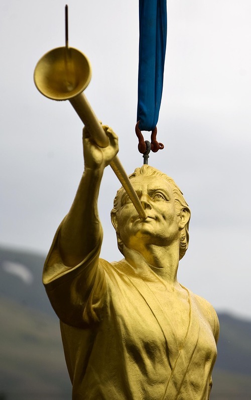 Djamila Grossman  |  The Salt Lake Tribune

A view of the angel Moroni before it goes atop the new Brigham City Temple of The Church of Jesus Christ of Latter-day Saints on Tuesday, July 12, 2011.