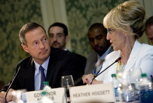 Djamila Grossman  |  The Salt Lake Tribune

Gov. Martin O'Malley of Maryland looks at Gov. Jan Brewer of Arizona, during a hearing on homeland security at the National Governors Association annual conference at the Grand America Hotel in Salt Lake City, Utah, on Saturday, July 16, 2011.