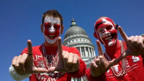Scott Sommerdorf | The Salt Lake Tribune
John Forsyth and Cory Ure celebrate at the state Capitol on Friday as the University of Utah officially becomes a member of the Pac 12.