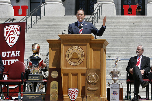 Scott Sommerdorf  |  The Salt Lake Tribune
Pac-12 conference commissioner Larry Scott addresses the crowd and officially welcomed the school into the Pac-12 conference, Friday, July 1, 2011. The school ushered it in with a big celebration on the south steps of the State Capitol.