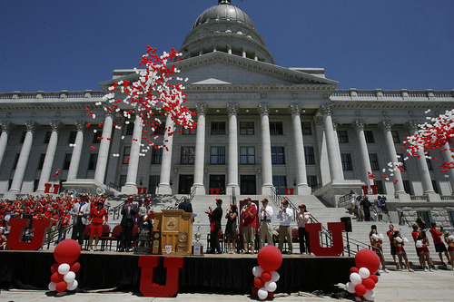 Scott Sommerdorf  |  The Salt Lake Tribune
Balloons are released during the ceremony officially welcoming the University of Utah as a member of the Pac-12 conference on Friday, July 1, 2011. The school ushered it in with a big celebration on the south steps of the State Capitol.