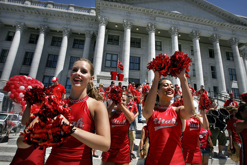 Scott Sommerdorf  |  The Salt Lake Tribune
Utah cheerleaders dance to the school fight song prior to the ceremony officially welcoming the University of Utah as a member of the Pac-12 conference on Friday, July 1, 2011, on the south steps of the Utah Capitol.