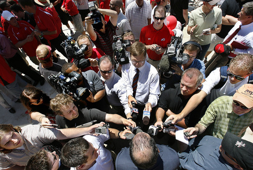 Scott Sommerdorf  |  The Salt Lake Tribune
Members of the media descend upon Pac-12 commissioner Larry Scott (below, center) after the ceremony where he welcomed the University of Utah to the Pac-12 conference on Friday, July1, 2011.
