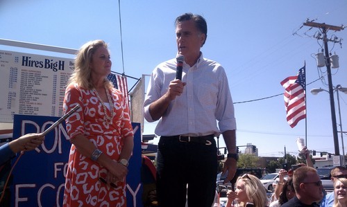 Leah Hogsten | The Salt Lake Tribune
Republican presidential hopeful Mitt Romney, appearing with wife Ann at Hires Big H Drive-in in Salt Lake City recently, raised $1.3 million in campaign donations in Utah from April to June.