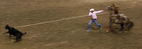 Trent Nelson  |  The Salt Lake Tribune
Ace Slone of Cuero, Texas, runs down a calf in the Tie Down Roping competition at the Days of 47 Rodeo, Maverik Center in West Valley City, Utah. Friday, July 22, 2011.