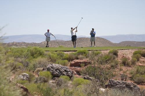 Margaret Distler  |  The Salt Lake Tribune

The Salt Lake Tribune sports writer Gordon Monson tees off as Kurt Kragthorpe and Jay Drew watch from the hole 7 black tee box at the Coral Canyon Golf Course in Washington on Monday, June 27, 2011. The three played the 18 toughest golf holes in Utah over the course of three days.