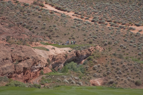 Margaret Distler  |  The Salt Lake Tribune

A group of golfers wait at the tee box for hole 12 at Sand Hollow Golf Course in Hurricane on Monday, June 27, 2011. This was the fourth hole that The Salt Lake Tribune sports writers Gordon Monson, Jay Drew and Kurt Kragthorpe played as one of the 18 toughest golf holes in Utah.