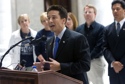 Al Hartmann  |  The Salt Lake Tribune
Brandon Beckham speaks to Proponents to Repeal HB116  as they announce new replacement legislation sponsored by both Utah House and Senate legislators at a rally in the capitol rotunda Wednesday July 20.