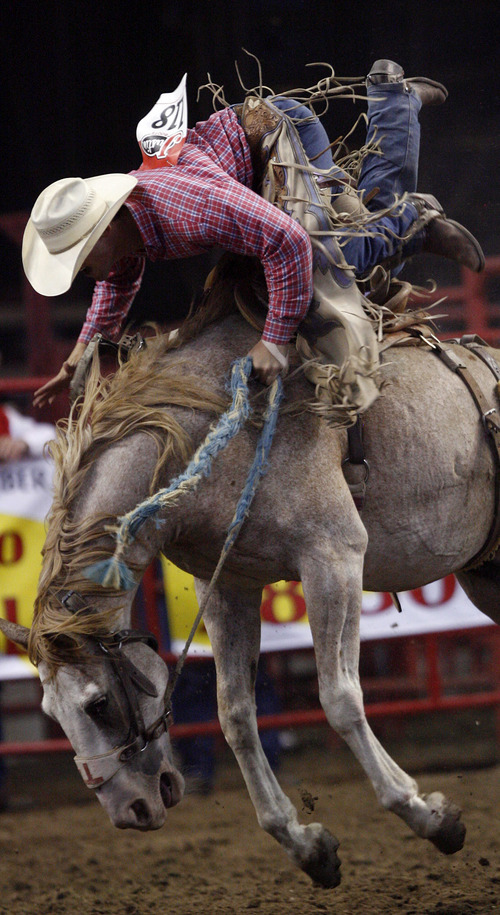 Leah Hogsten  |  The Salt Lake Tribune
Tyler Corrington of Hastings, Minn., rides Robin's Best at the 2010 Days of '47 Rodeo.