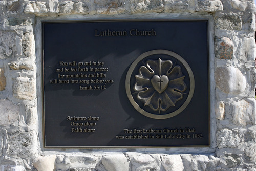 Francisco Kjolseth  |  The Salt Lake Tribune
Plaques representing the early pioneer faiths are on display at This is the Place State Park in Salt Lake City.