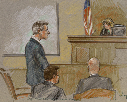 Brigitte Woosley  |  The Associated Press

In this courtroom sketch, polygamist leader Warren Jeffs, standing left, is shown along with 51st District Judge Barbara Walther, right, former lead defense attorney Deric Walpole, bottom left, and lead prosecutor Eric Nichols, bottom right, at the Tom Green County Courthouse in San Angelo, Texas, on Thursday.