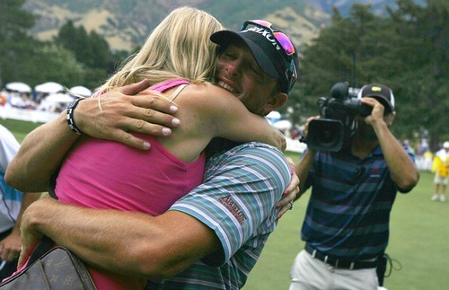 Djamila Grossman  |  The Salt Lake Tribune

J.J. Killeen hugs his wife, Tasha, after winning the Utah Championship of the Nationwide Tour at Willow Creek Country Club in Sandy, Utah, on Sunday, July 31, 2011.