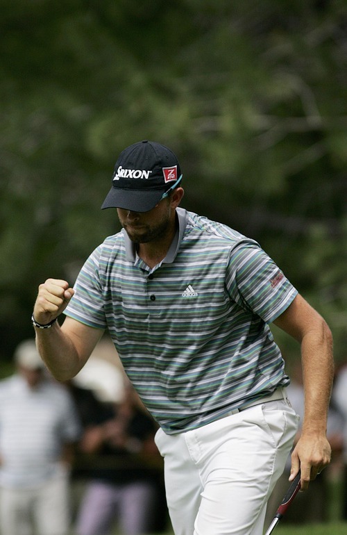 Djamila Grossman  |  The Salt Lake Tribune

J.J. Killeen pumps his fist after making a putt in the Utah Championship of the Nationwide Tour at Willow Creek Country Club in Sandy, Utah, on Sunday, July 31, 2011. Killeen won the Championship.