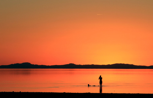 Rick Egan   |  The Salt Lake Tribune
Visitors wade in the Great Salt Lake at Antelope Island at sunset in 2010.
