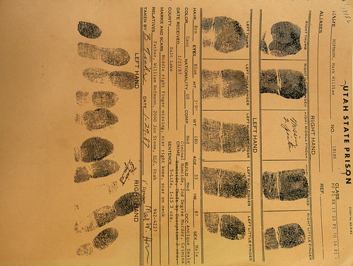 Scott Sommerdorf  |  The Salt Lake Tribune
The booking fingerprints belonging to Mark Hofmann. Note the middle finger on his right hand had been blown off, so there was no fingerprint.