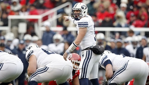 Chris Detrick  |  The Salt Lake Tribune

BYU quarterback Jake Heaps (9) calls out a play as the Utes face BYU in the second quarter at Rice-Eccles Stadium Saturday, November 27, 2010.