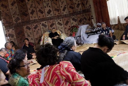Djamila Grossman  |  The Salt Lake Tribune
Halaevalu Mata'aho, the Queen Mother of Tonga, center, joins the community in an evening prayer and celebration at a home in West Valley City on Wednesday.