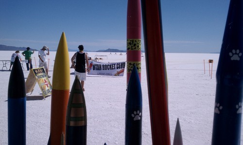 Cimaron Neugebauer  |  The Salt Lake Tribune
Members of the Utah Rocket Club prepare model rockets to shoot off during their Hellfire event at the Bonneville Salt Flats on Thursday.