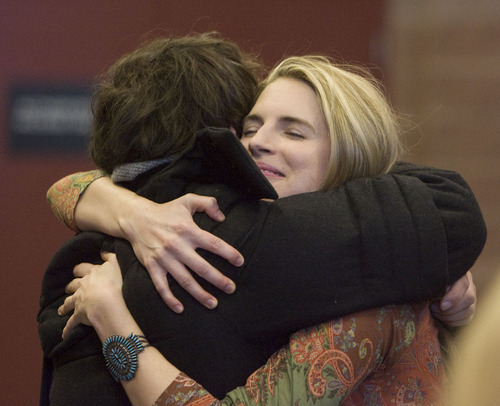 Steve Griffin  |  The Salt Lake Tribune
Brit Marling gets a hug from a friend at the Sundance premiere of 
