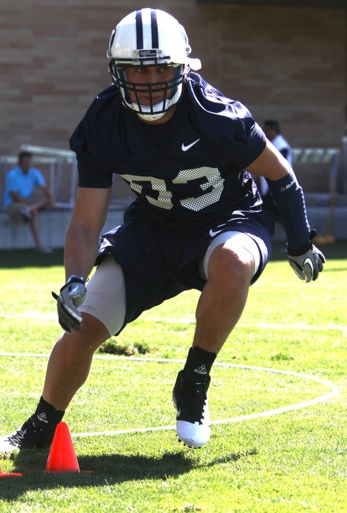 Rick Egan   |  The Salt Lake Tribune

BYU running back Bryan Kariya, (33) runs a drill during practice, at BYU, Saturday, August 6, 2011