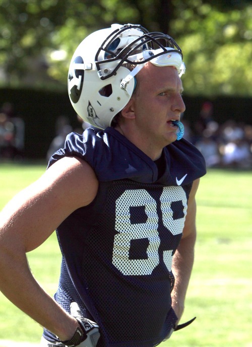 Rick Egan   |  The Salt Lake Tribune

BYU tight end, Mathew Edwards (89) at football practice, at BYU, Saturday, August 6, 2011