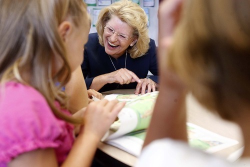 Trent Nelson  |  The Salt Lake Tribune
Patrice Johnson, Jordan School District's new superintendent, sits in on a first grade reading group at Rose Creek Elementary in Riverton, Utah. Tuesday, August 2, 2011. Johnson has been visiting schools in the district meeting with students and teachers.
