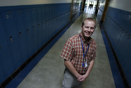 Francisco Kjolseth  |  The Salt Lake Tribune
Union Middle School's Nate Edvalson has been named the Counselor of the Year by the Utah School Counselor Association. He helped lead the school through a difficult stretch in the spring of this year when three students died within about a month. First a seventh-grader committed suicide, then a ninth-grader died in surgery, then a seventh-grader died for reasons that have never been disclosed. He was nominated for the award before the tragedies for staging countless interventions with students to help them get their lives and academics on track.