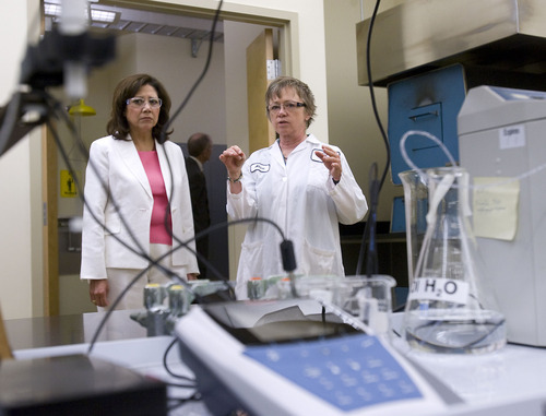 Al Hartmann  |  The Salt Lake Tribune
Chemist Alyce Wasden, right, shows the inorganic chemistry laboratory at the Occupational Safety and Health Administration's Technical Center in Sandy to U.S. Secretary of Labor Hilda Solis, who visited the facility Thursday to promote a program protecting workers against heat-related illnesses.
