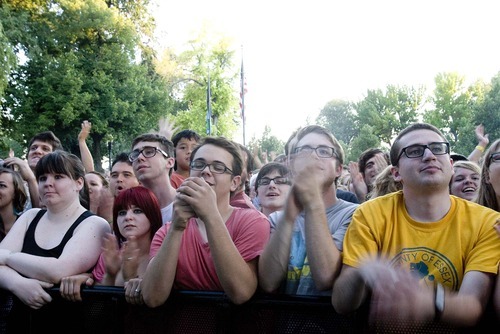 Paul Fraughton  |  The Salt Lake Tribune
The crowd responds as  Conor Oberst of the indie rock band  Bright Eyes takes the stage  at the Twilight Concert at Pioneer Park in Salt Lake City on   Thursday,  Aug. 11, 2011.