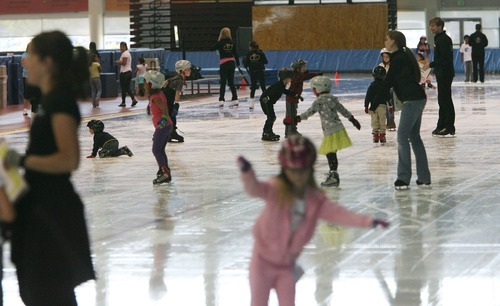 Steve Griffin  |  The Salt Lake Tribune

earn-to-skate programs for all ages are available at the Utah Olympic Oval in Kearns. Here, youngsters try out the ice on the long track on Thursday, July 28, 2011.