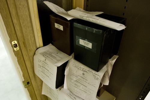 Djamila Grossman  |  The Salt Lake Tribune

Urns with the remains of unclaimed veterans are stacked up for pickup at Deseret Mortuary in Salt Lake City, Utah, on Wednesday, Aug. 10, 2011. A group called Missing in America Project organized a funeral for the remains.