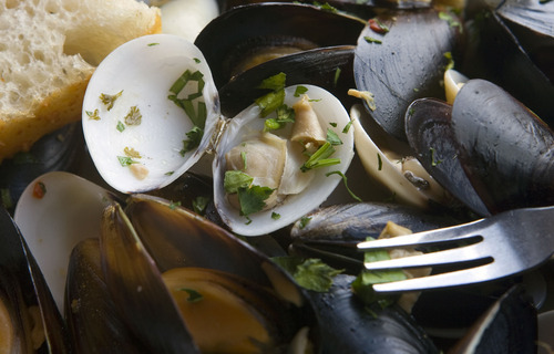 Al Hartmann  |  The Salt Lake Tribune
Fratelli Ristorante's appetizer: Clams and mussels steamed in a garlic-lemon broth and served with focaccia.