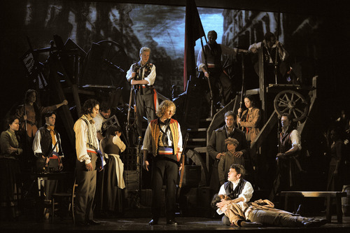 Les Misérables by Cameron Mackintosh, opening night November 28 2010, Paper Mill Playhouse, 22 Brookside Dr., Millburn New Jersey with LAWRENCE CLAYTON (Jean Valjean) ANDREW VARELA (Javert) MICHAEL KOSTROFF (Thénardier) SHAWNA M. HAMIC (Mme. Thénardier) BETSY MORGAN (Fantine) JEREMY HAYS (Enjolras) CHASTEN HARMON (Éponine) JUSTINE SCOTT BROWN (Marius) JENNY LATIMER (Cosette) RON SHARPE (Jean Valjean Alternate)The Company of the New 25th Anniversary of 