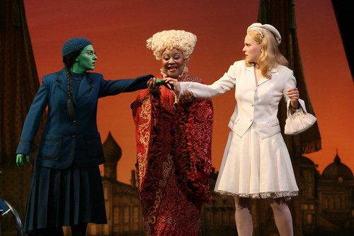 Actors Donna Vivino as Elphaba, Myra Lucretia Taylor as Madame Morrible and Katie Rose Clarke as Glinda perform in Wicked, The Musical.