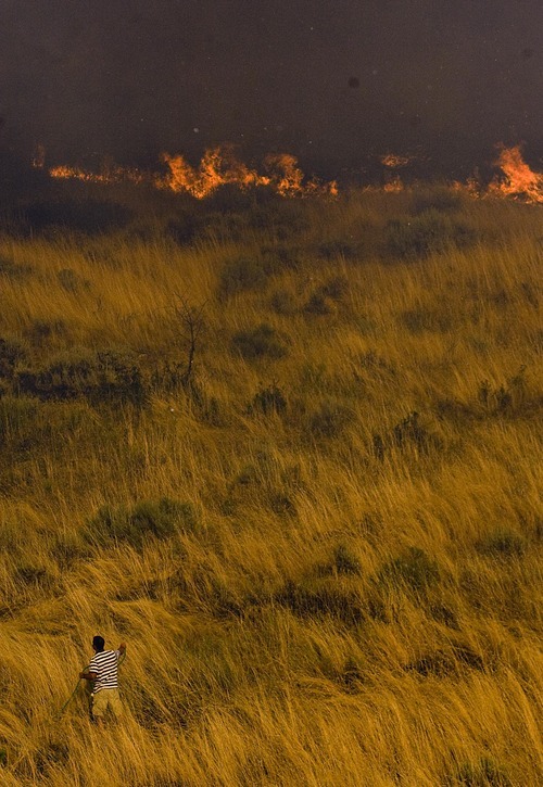 Djamila Grossman  |  The Salt Lake Tribune

A man attempts to soak the grass near homes with water as a fire burns in the hills above in Draper, Utah, on Saturday, Aug. 13, 2011. The fire threatened several homes but destroyed none.