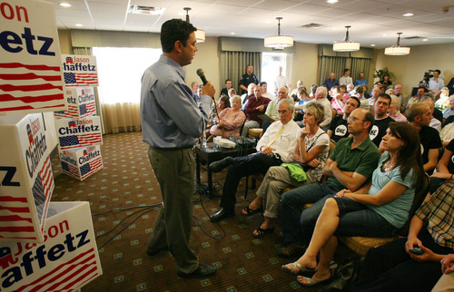 Steve Griffin  |  The Salt Lake Tribune
U.S. Rep. Jason Chaffetz talks during a town hall meeting at the Holiday Inn Express in American Fork on Wednesday, Aug. 10, 2011.