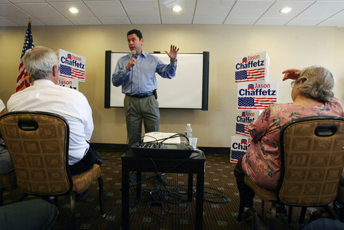 Steve Griffin  |  The Salt Lake Tribune
U.S. Rep. Jason Chaffetz talks during a town hall meeting at the Holiday Inn Express in American Fork on Wednesday, Aug. 10, 2011.
