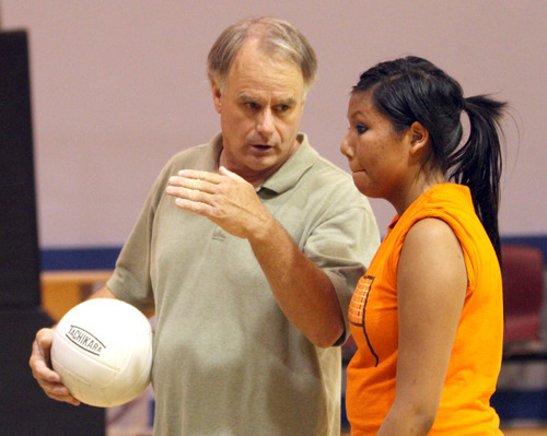Rick Egan   |  The Salt Lake Tribune
Tom Hubbard instructs Abbie Newman, at practice.1. Hubbard was coach at Christian Heritage, but is now the new girl's volleyball coach at Concordia.