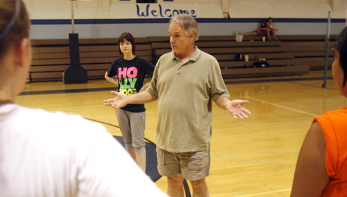 Rick Egan   |  The Salt Lake Tribune

Tom Hubbard instructs his team at practice, Monday, August 15, 2011. Hubbard used to coach at Christian Heritage, but is now the new girl's volleyball coach at Concordia (The old salt lake Lutheran).