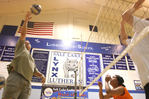 Rick Egan   |  The Salt Lake Tribune
Tom Hubbard runs drills with his team at practice. Hubbard was coach at Christian Heritage, but is now the new girl's volleyball coach at Concordia.